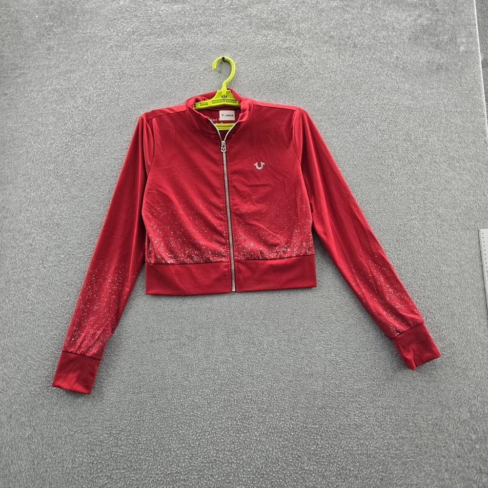 True Religion Women Jacket M Red Activewear Zipper Logo Long Sleeve Crop